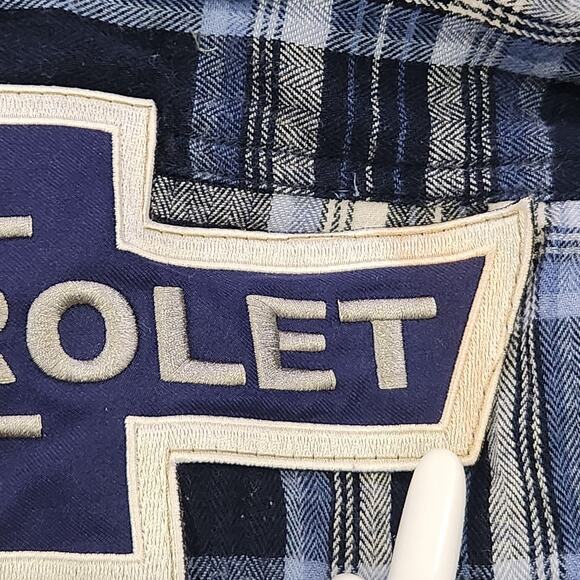 VTG Chevrolet Shirt Mens Large Blue Plaid Flannel Embroiderd Patch Racing USA - Picture 13 of 14